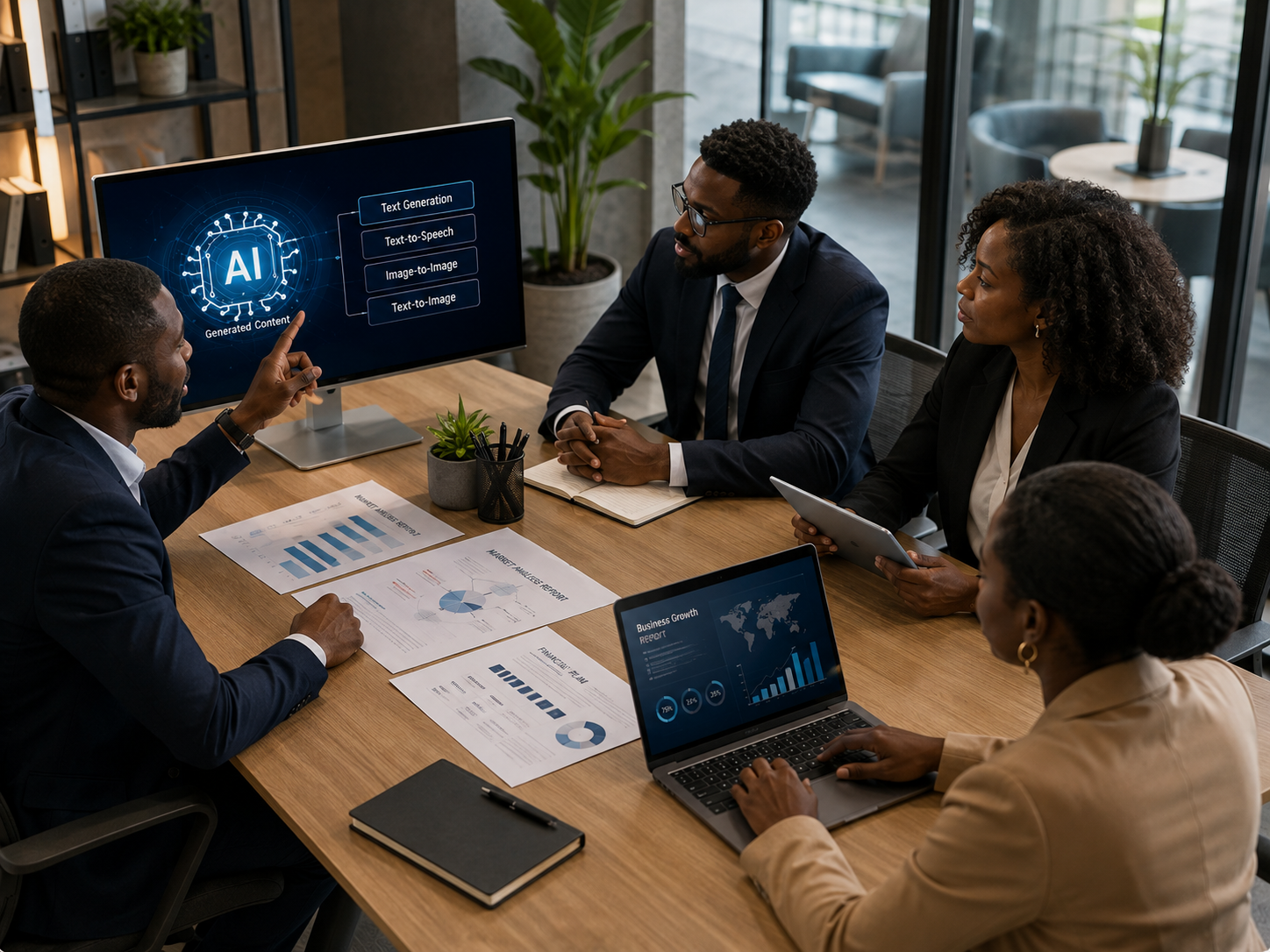 Digits & Data team reviewing AI solutions in a boardroom meeting