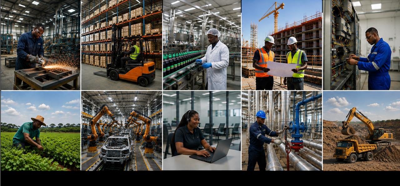 African professionals across industries — manufacturing, logistics, bottling, construction, electrical, agriculture, automotive robotics, customer care, oil & gas, and mining